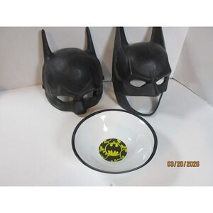 DC Comics Batman Bundle 2 Plastic Costume Masks and Ceramic Cereal Bowl Black